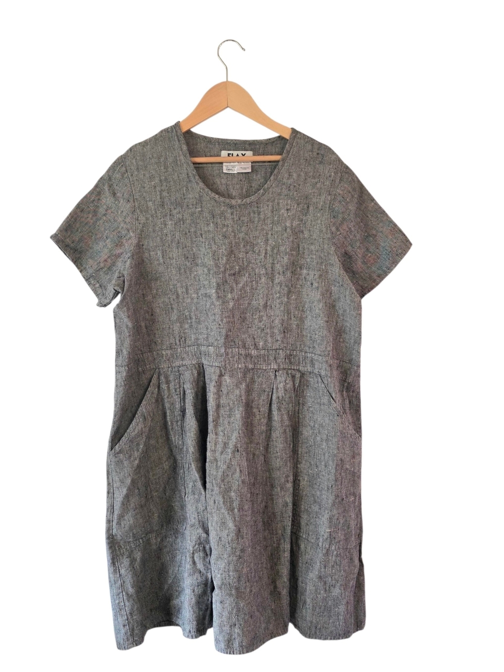 Flax 100% Linen Dress S Gray Knee Length Pockets Vacation Beachy Resort Flowy